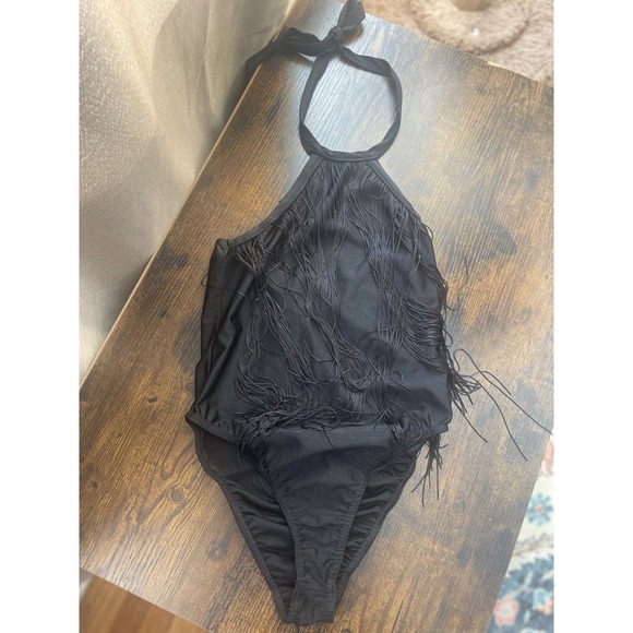 PrettyLittleThing Black Fringe Halter Bodysuit NWT Festival Clubwear Size 4 - Picture 2 of 3